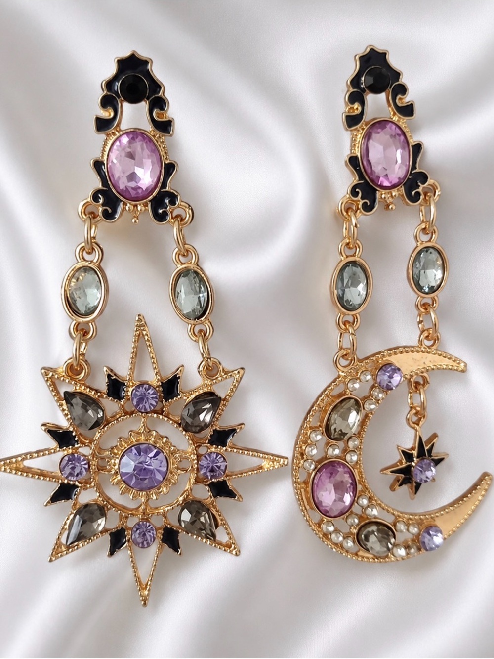 Gold-tone Purple Gem Star & Moon Drop Earrings